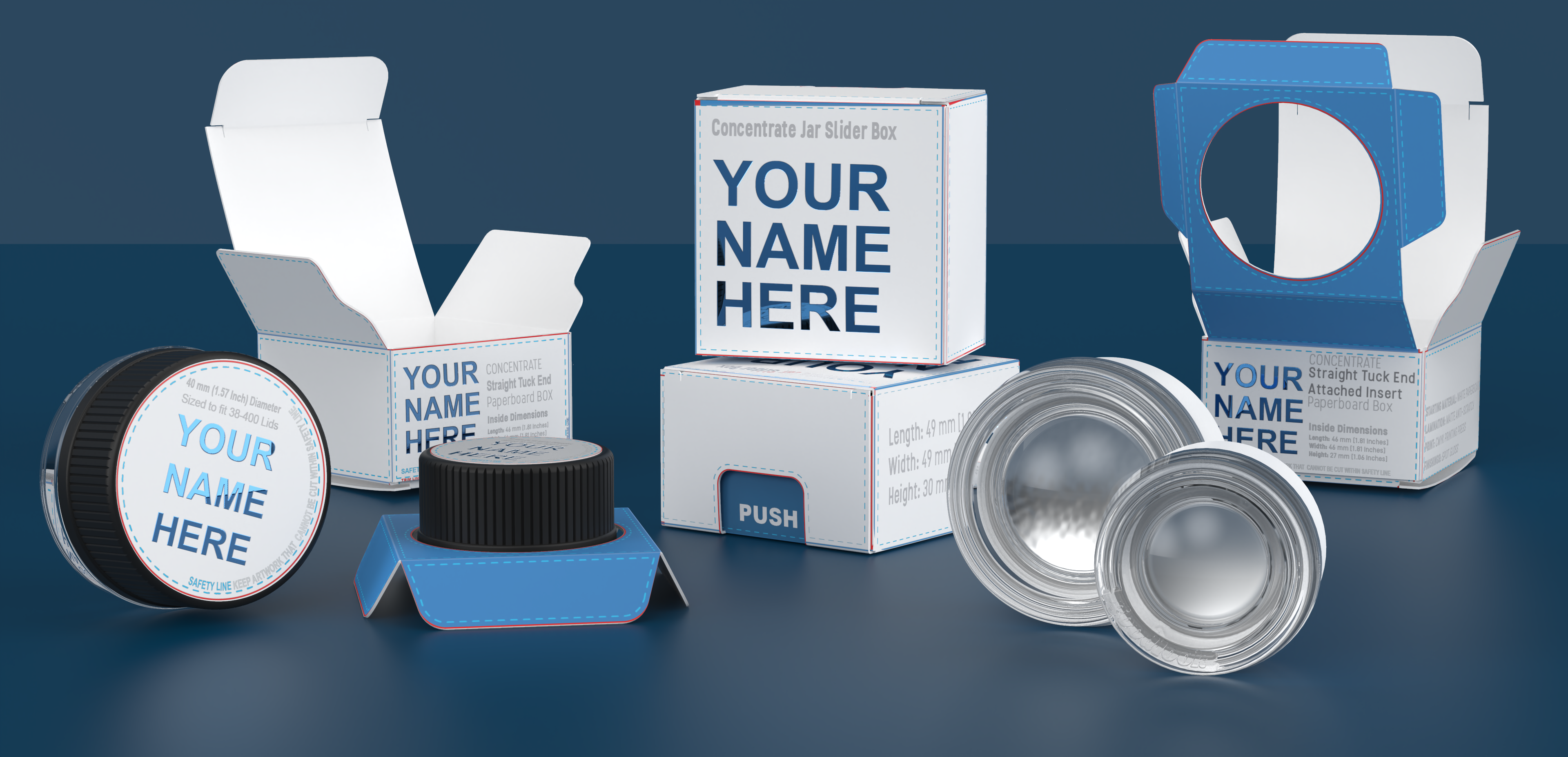 Makerbaus concentrate packaging system showing Goodlook glass jars, lids, labels, inserts and custom concentrate boxes