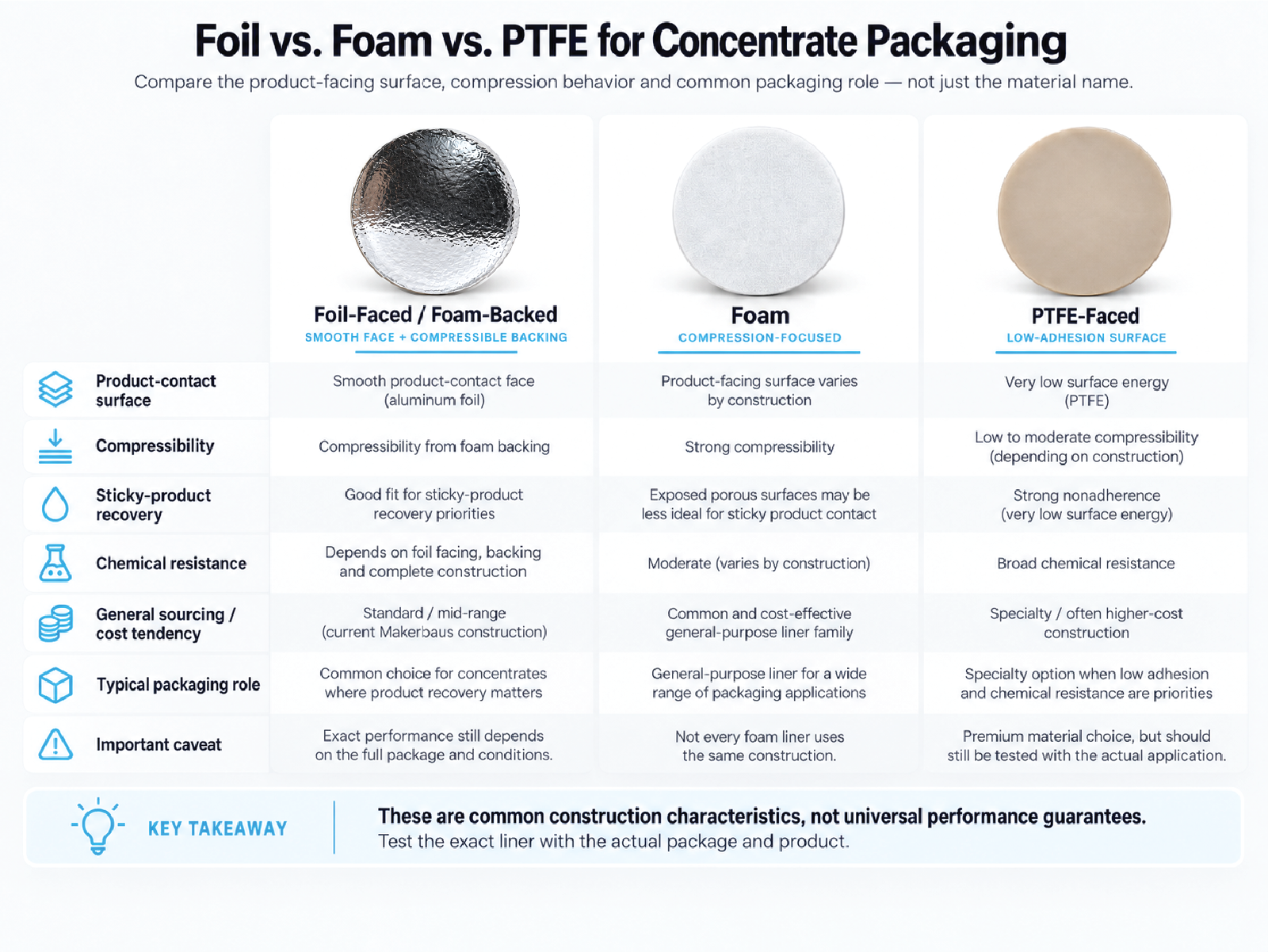 Comparison chart of foil-faced foam-backed, foam and PTFE concentrate jar liners by product-contact surface, compressibility and packaging use